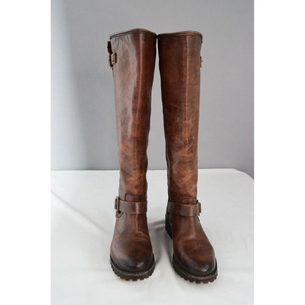 Freebird Leather Knee High Boots 6 Battle Brown Riding Motorcycle Buckle Zip